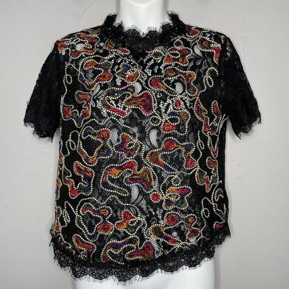 ZARA TRAFALUC Top Womens Size Medium Colorful Embroidered Black Lace Maximalist - Picture 2 of 8